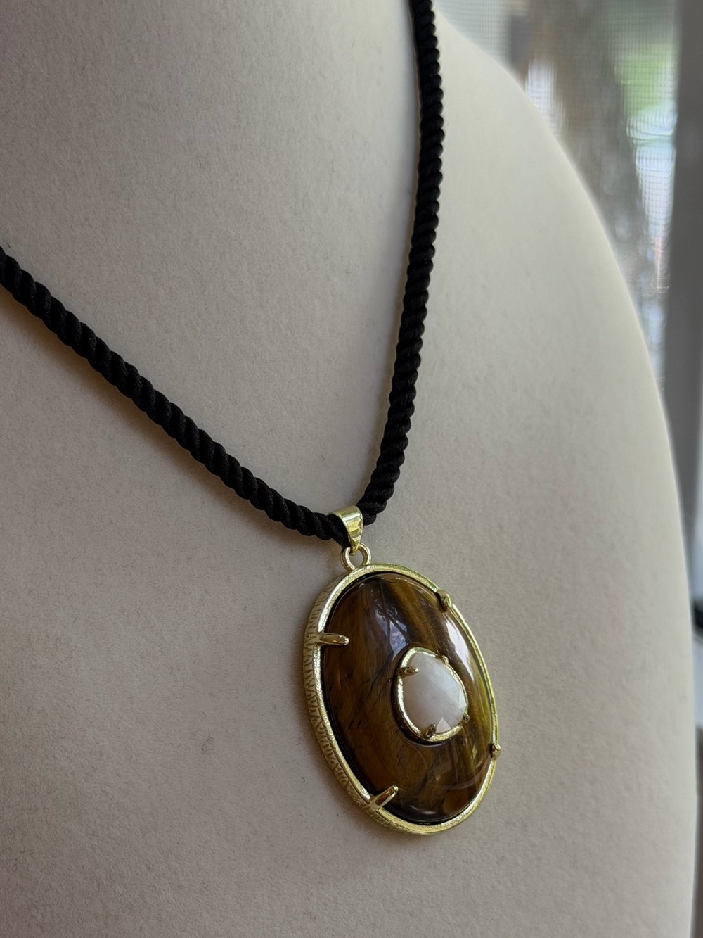 Adina Eden Black Rope Necklace with a Tiger's Eye & White Quartz Pendant